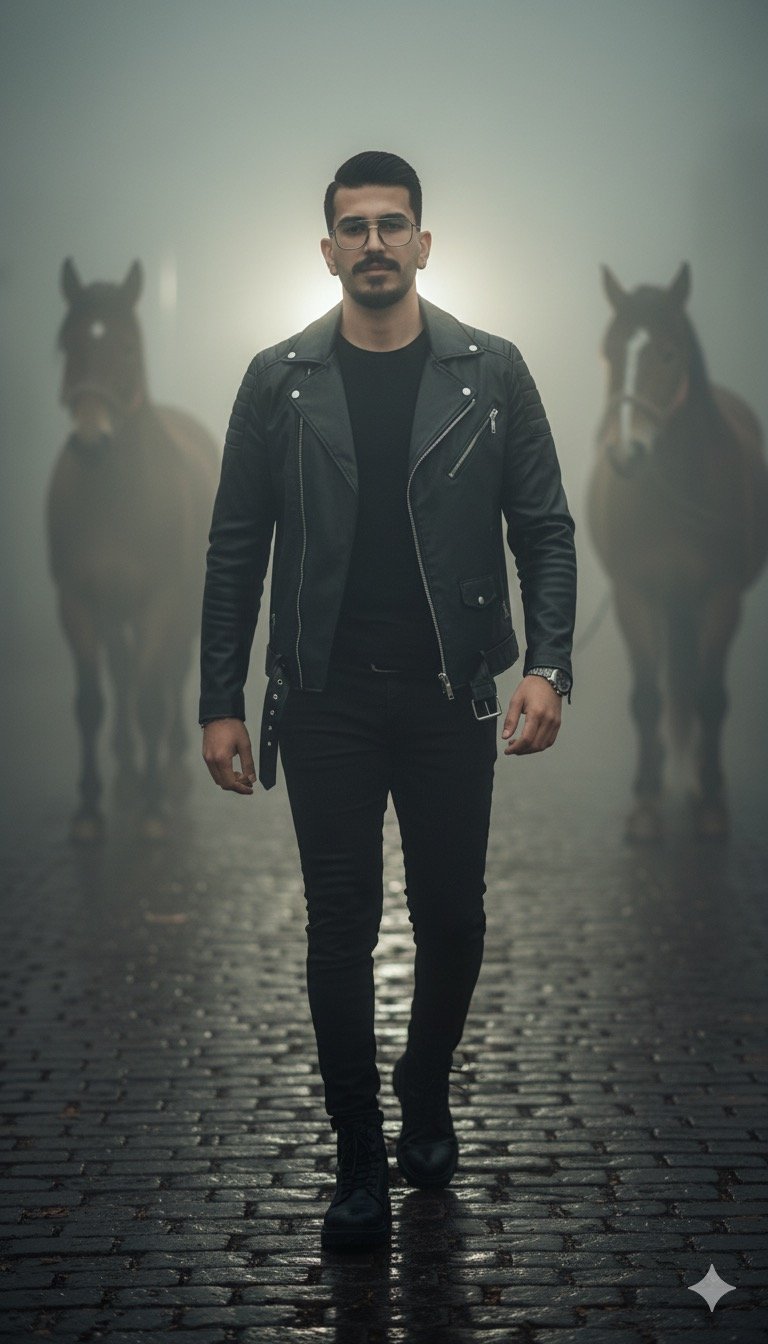 Man in Leather Jacket Walking in Fog with Horses (#nb_259)
