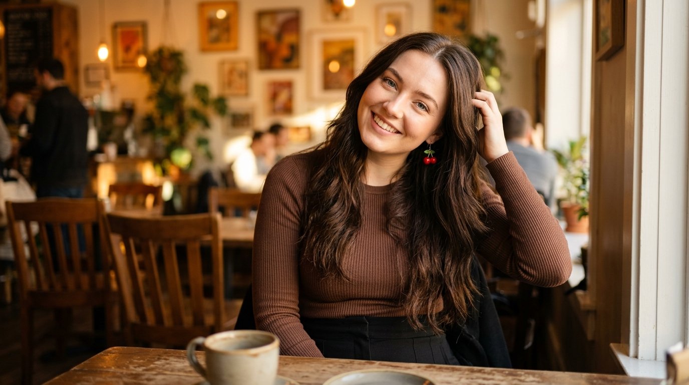 Smiling Woman in Cafe, Golden Hour Portrait (#nb_217)