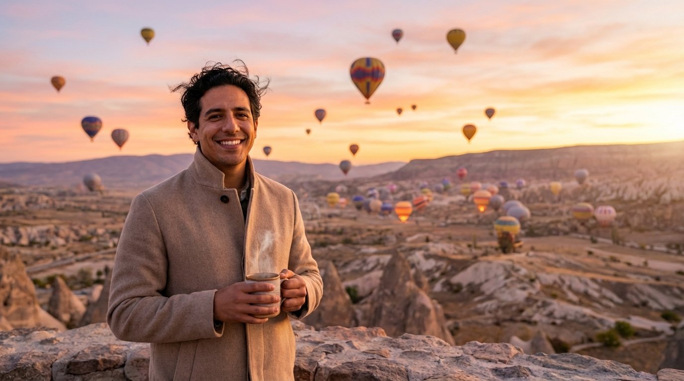 Sunrise with Hot Air Balloons and Smiling Person (#nb_209)