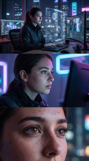 Cinematic Triptych Portrait in Cyberpunk Workspace (#nb_197)