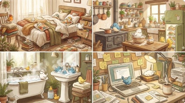 Cozy Vintage Bathroom with Cartoon Birds (#nb_181)