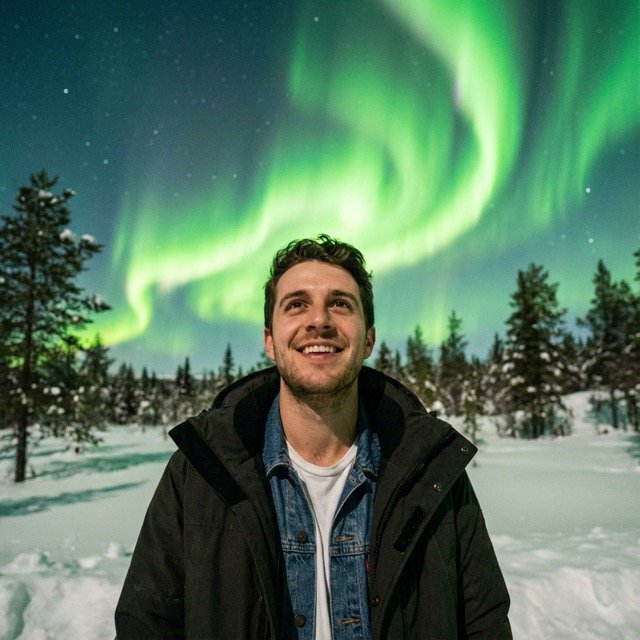 Person under Northern Lights on Snowy Ground (#nb_118)