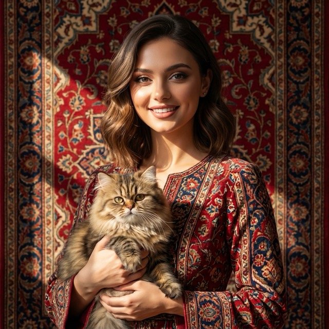 Persian Girl Portrait with Cat and Carpet Background (#nb_116)