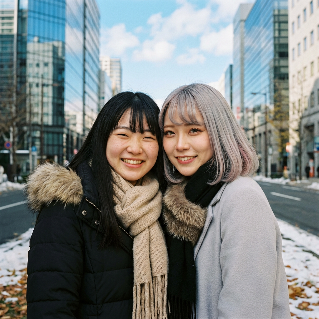 Two Young Asian Women Winter City Portrait (#pic_58)