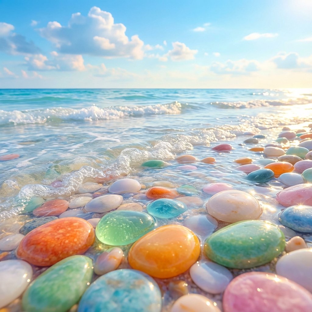 A serene seaside scene with smooth, multicolored polished (#pic_126)