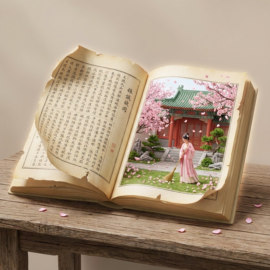 创作一个3D场景，展示一本摊开的古书，书页泛黄，边缘破损，放在木桌上。左页为密密麻麻的古文排版，右页呈现微缩场景，带有裸... (#pic_142)