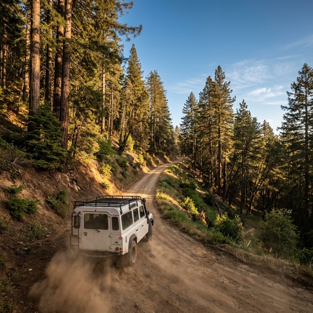 The camera follows behind a white vintage SUV (#pic_163)