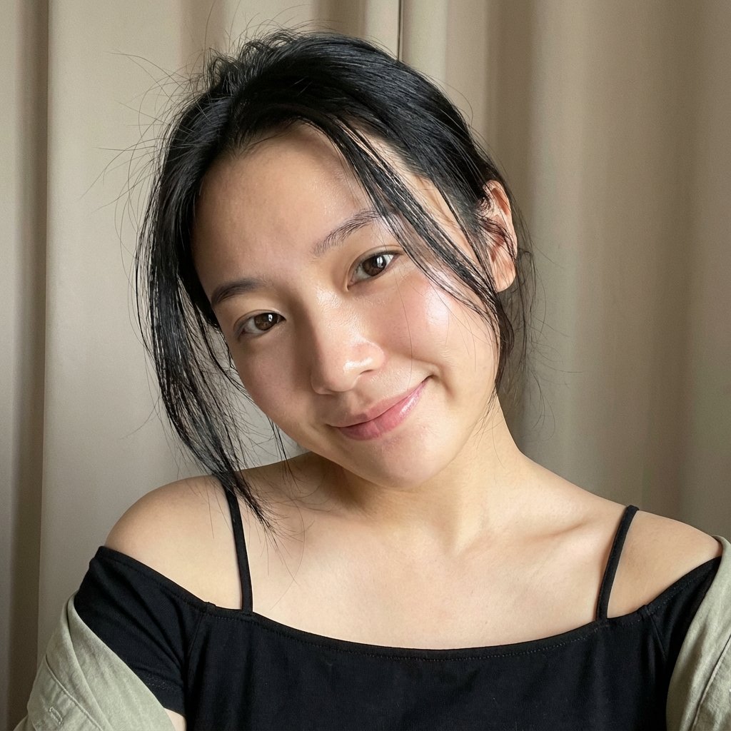 真人写实，明亮的普通房间，背景为纯色窗帘，自拍构图杂乱，中国美女使用前置摄像头自拍，微距人脸特写，轻微仰角，镜头略偏斜，... (#pic_179)