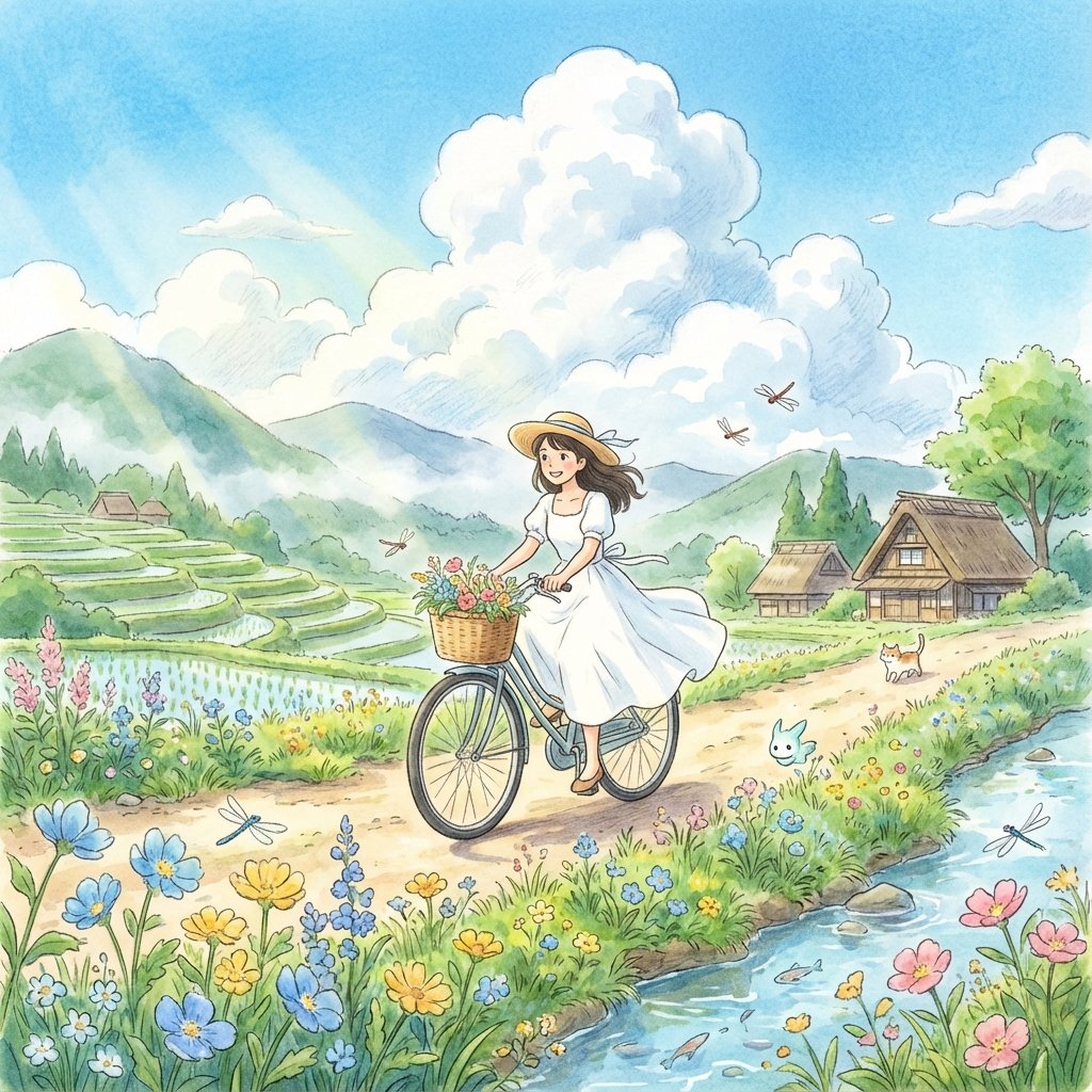 Studio Ghibli style illustration of a peaceful countryside (#pic_203)
