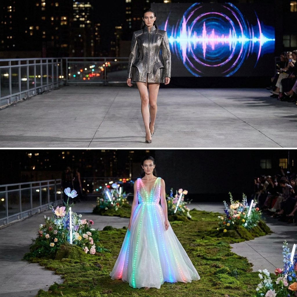 A high-end fashion show featuring models walking a (#pic_241)
