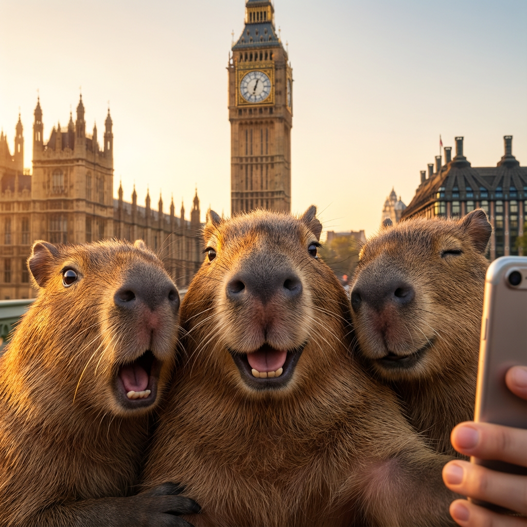 Three animals take a selfie with a landmark. (#pic_243)