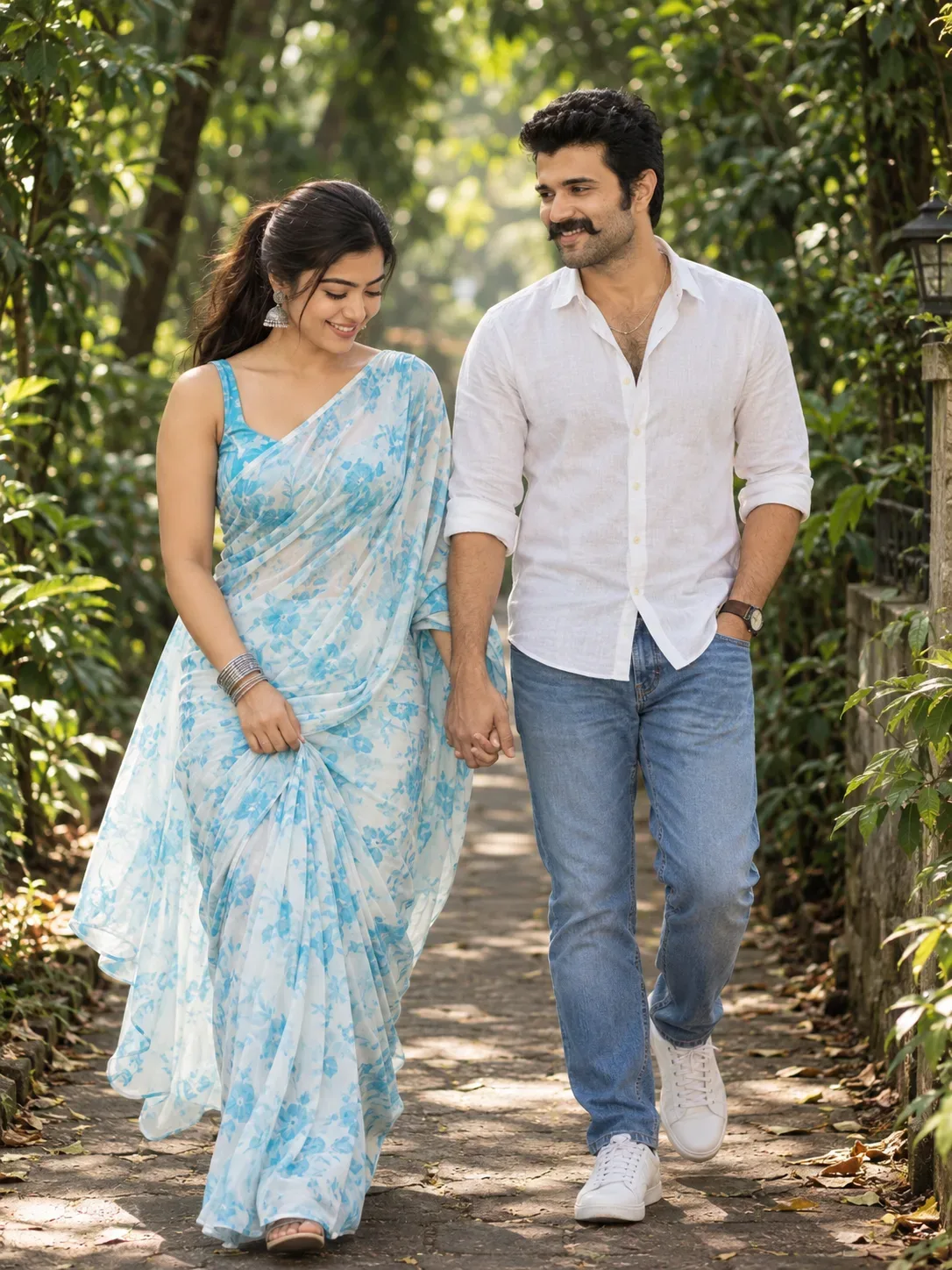 ultra-photorealistic candid romantic couple walking portrait