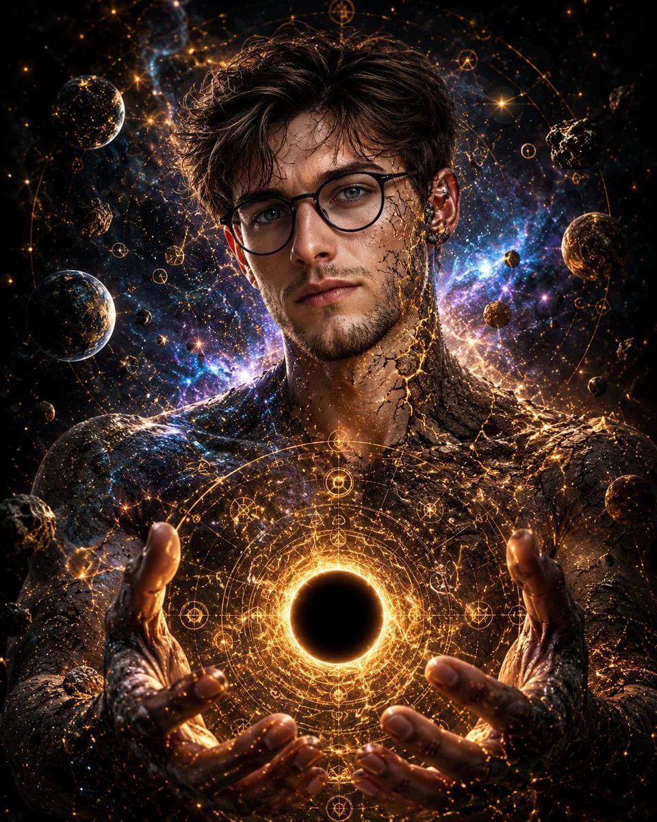 Cosmic Man Holding Black Hole