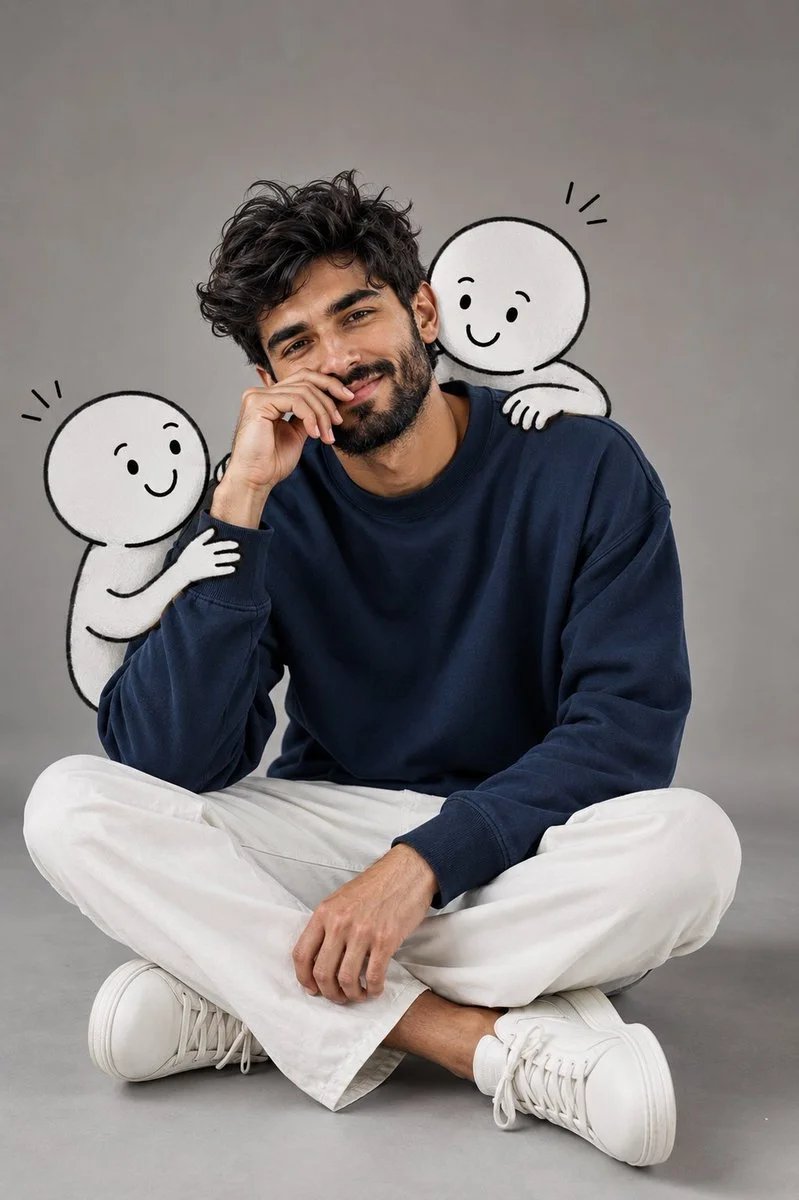 Realistic Man with Cartoons