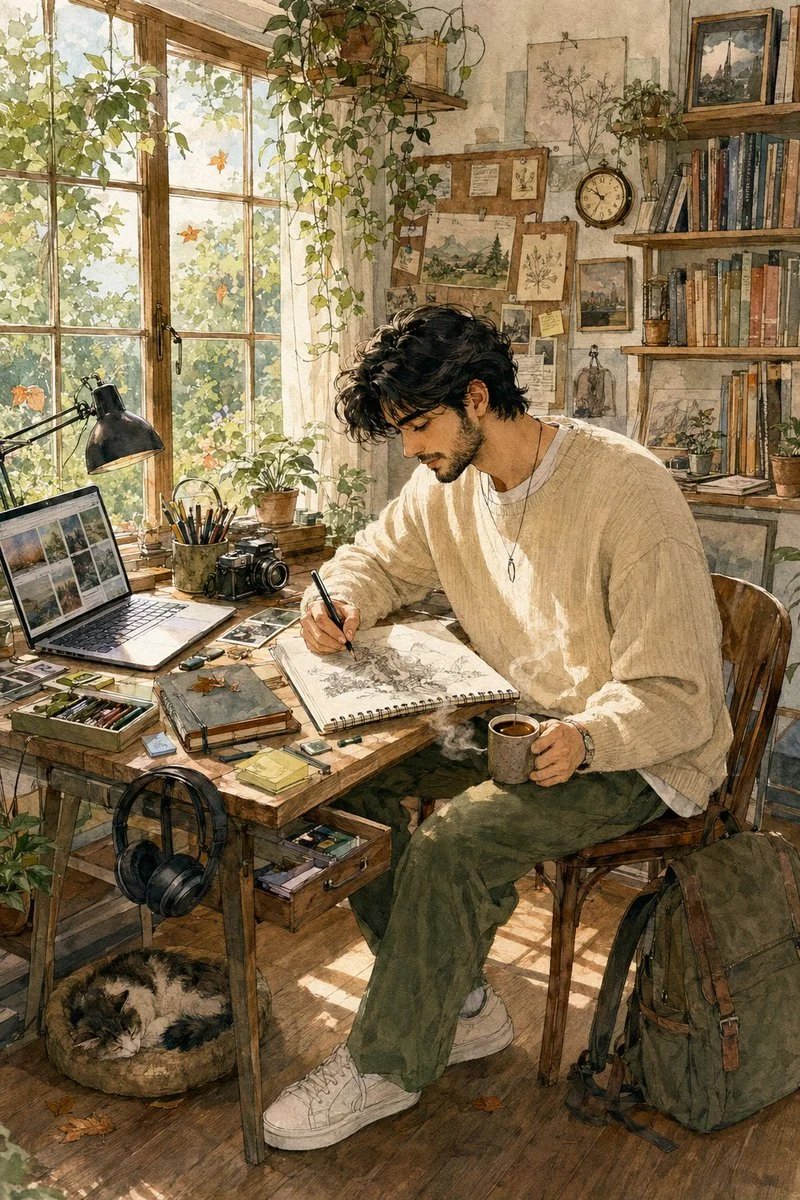 Watercolor art studio scene